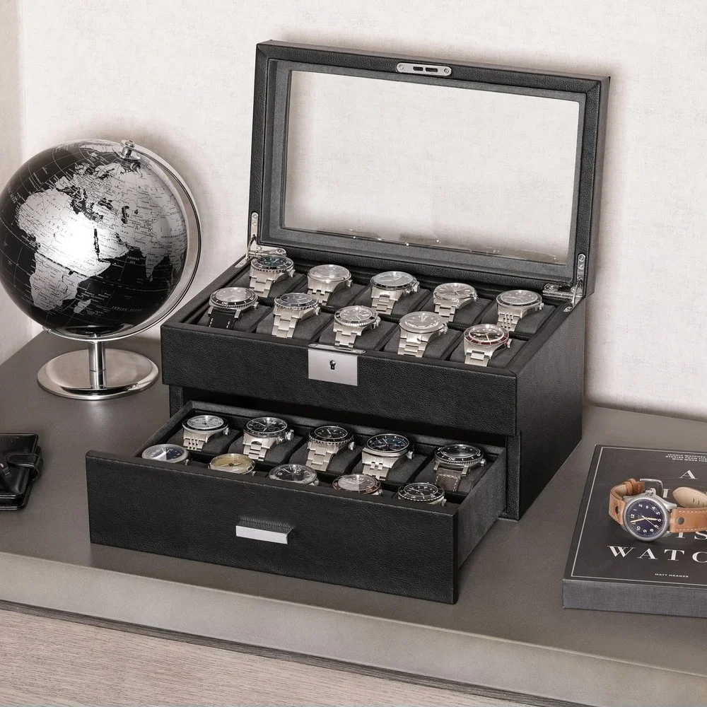 ROTHWELL 20 Slot Leather Watch Box Display Case Organizer Glass Top Lock Black